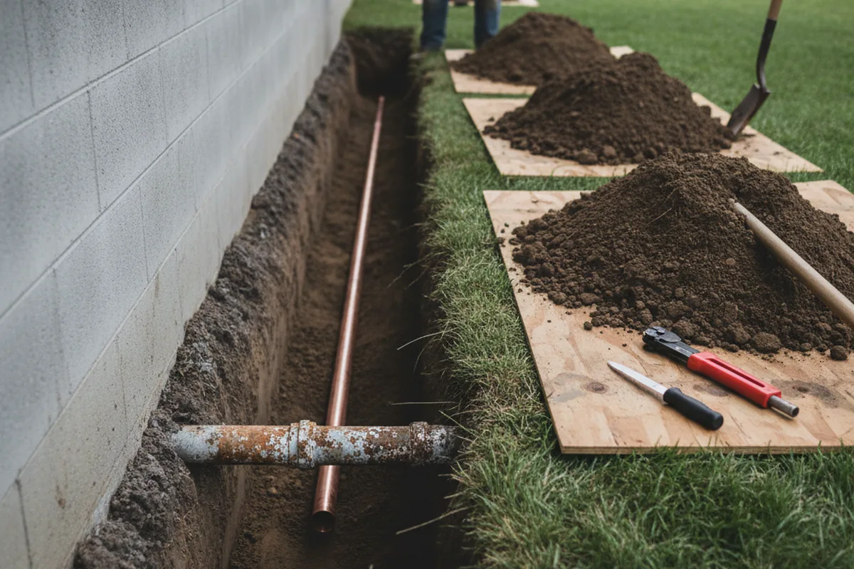 Excavated water line trench during Sewer Line Repair in Chokoloskee